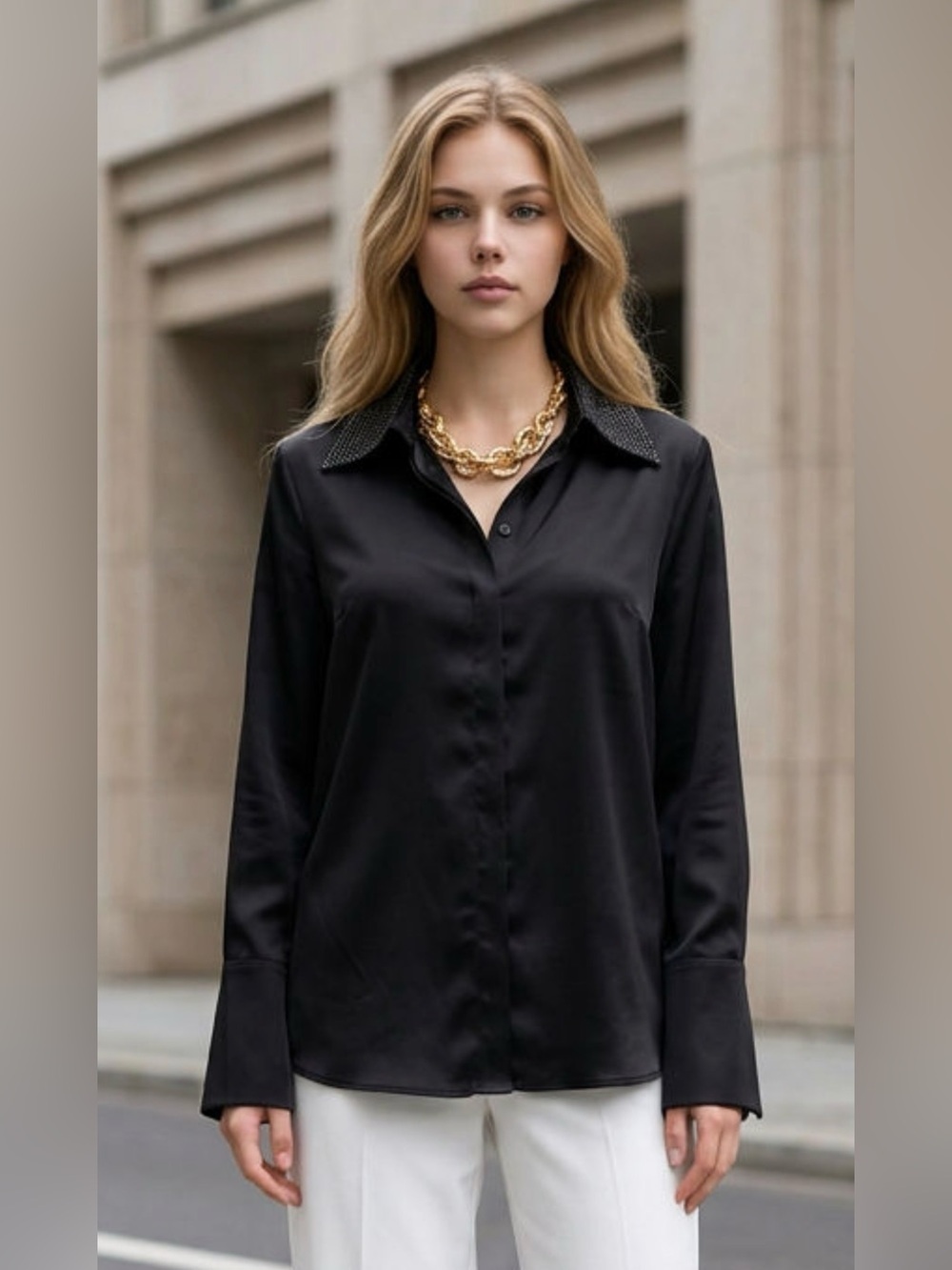 Joseph Ribkoff Black Satin Button-Down Blouse